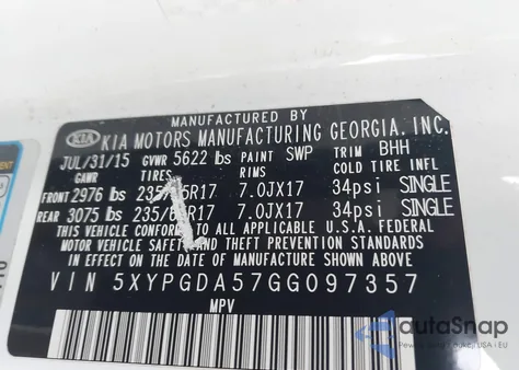 2016 Kia Sorento 3.3L Lx from USA, damaged, VIN 5XYPGDA57GG097357